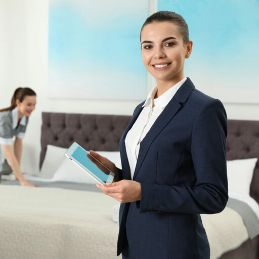 Hotelmanagerin überprüft Zimmer mit Tablet